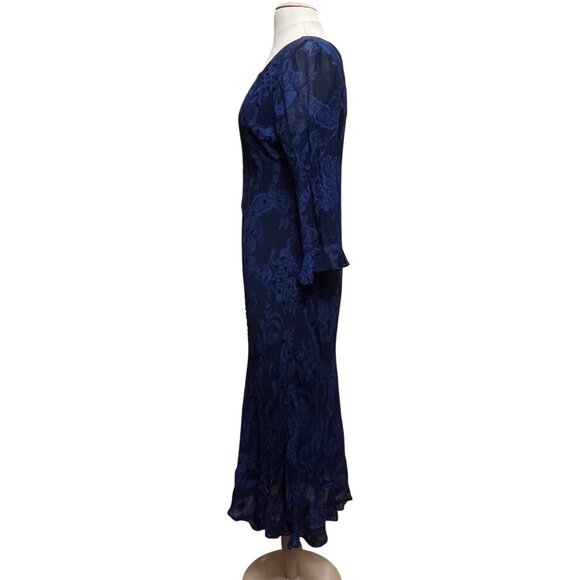 Vtg Paradise NY Blue Lace Look Maxi Dress Bias Cut Ruffle Sleeves Sequin Lined L - Picture 6 of 9